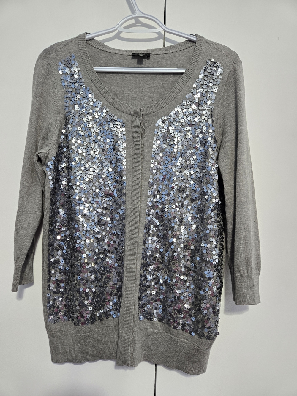 Talbots XL Gray Silver Sequin Cardigan Sweater 3/4 Sleeve Sparkle Party